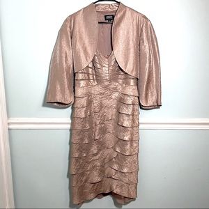 ADRIANNA PAPELL Layered V-Neck Mother of Bride Dress Size 14 Rose Gold w/Jacket